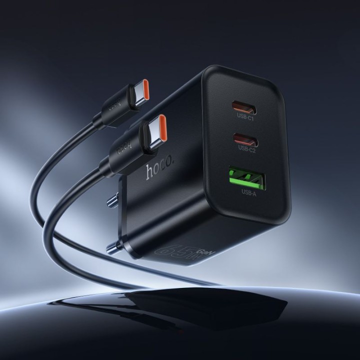 Мережевий зарядний пристрій для телефону Hoco 2x USB C + USB A QC3.0 PD 3A 65W + кабель USB-C – USB-C N75 чорний