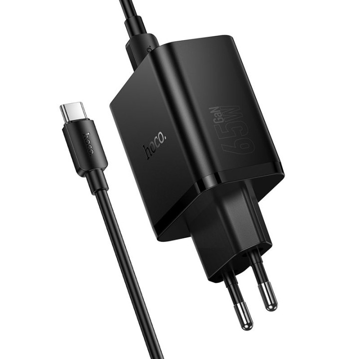 Wall charger for phone Hoco 2x USB C + USB A QC3.0 PD 3A 65W + USB-C to USB-C cable N75 black