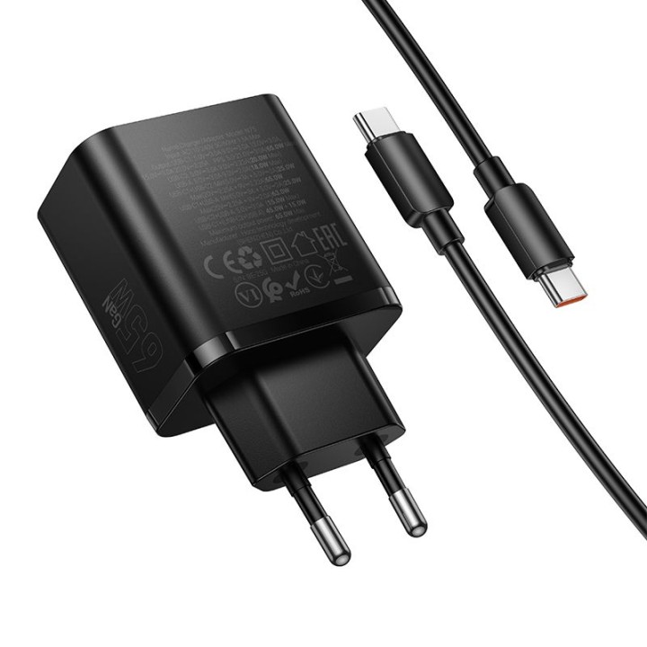 Wall charger for phone Hoco 2x USB C + USB A QC3.0 PD 3A 65W + USB-C to USB-C cable N75 black