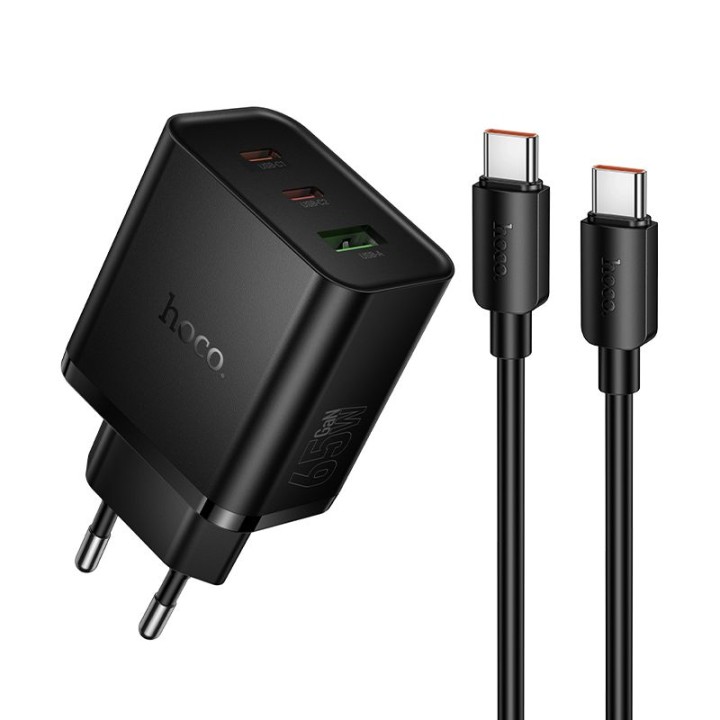 Мережевий зарядний пристрій для телефону Hoco 2x USB C + USB A QC3.0 PD 3A 65W + кабель USB-C – USB-C N75 чорний