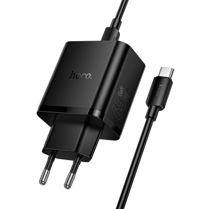 Мережевий зарядний пристрій для телефону Hoco 2x USB C + USB A QC3.0 PD 3A 65W + кабель USB-C – USB-C N75 чорний