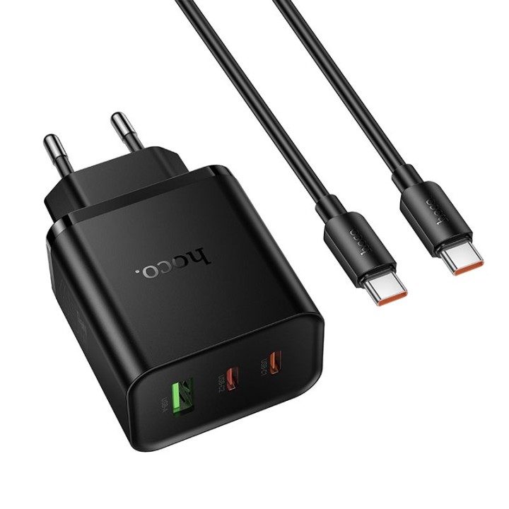 Мережевий зарядний пристрій для телефону Hoco 2x USB C + USB A QC3.0 PD 3A 65W + кабель USB-C – USB-C N75 чорний
