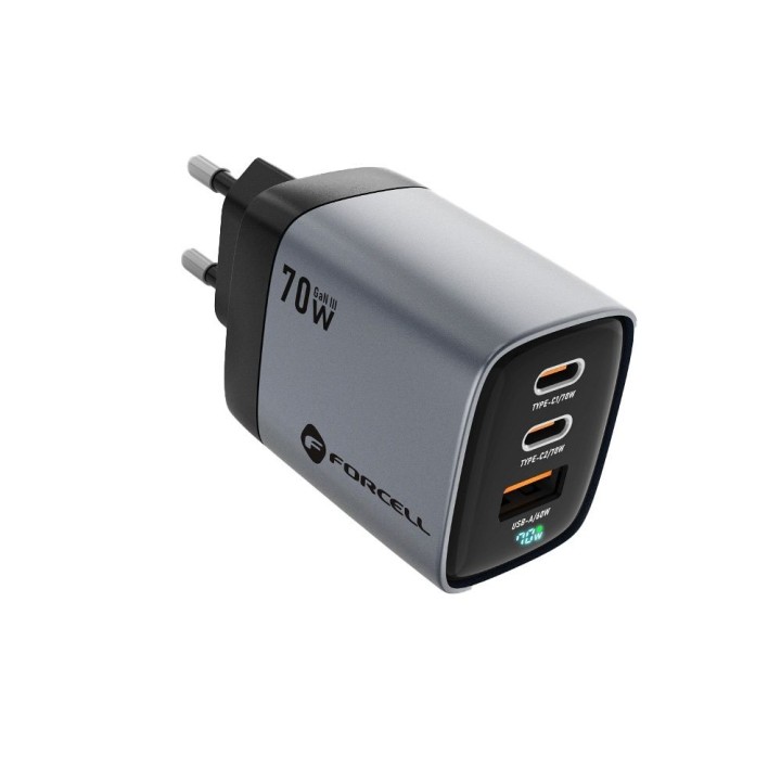 Сетевое зарядное устройство для телефона Forcell F-Energy GaN III 2 x USB C + USB A QC4.0 3,45A PD 70W SAM SFC2.0 с LCD-дисплеем