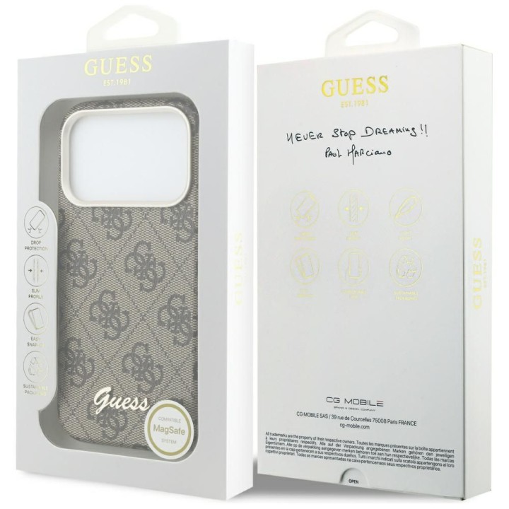 GUESS case for IPHONE 17 Pro compatible with MagSafe GUHMP17L5P4FWMSW (PU FW 4G Script) brown