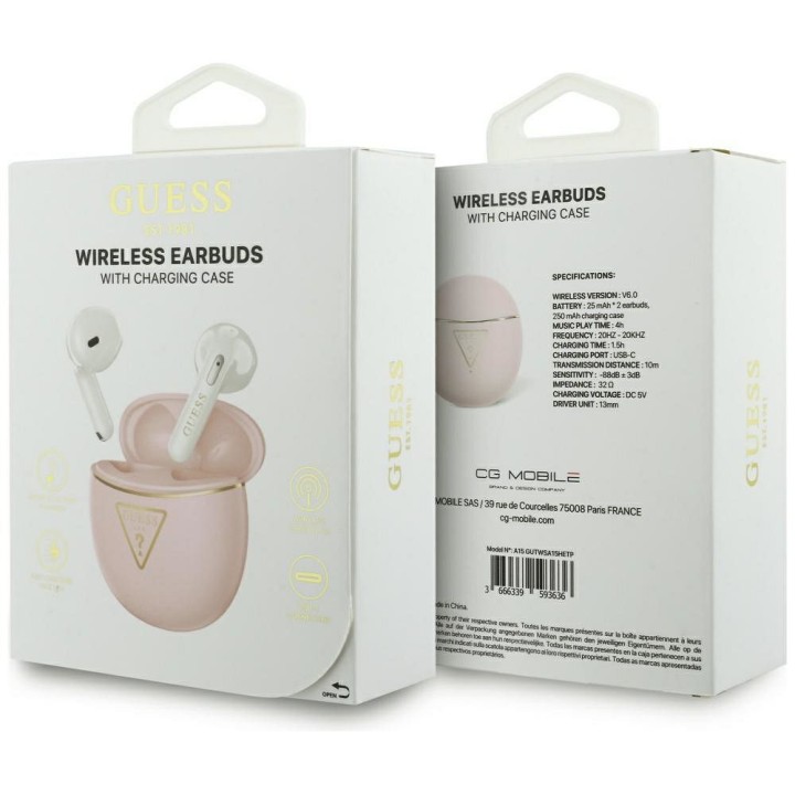 Wireless in-ear headphones Guess TWS GUTWSA15HETP (Small Round Script Print) pink