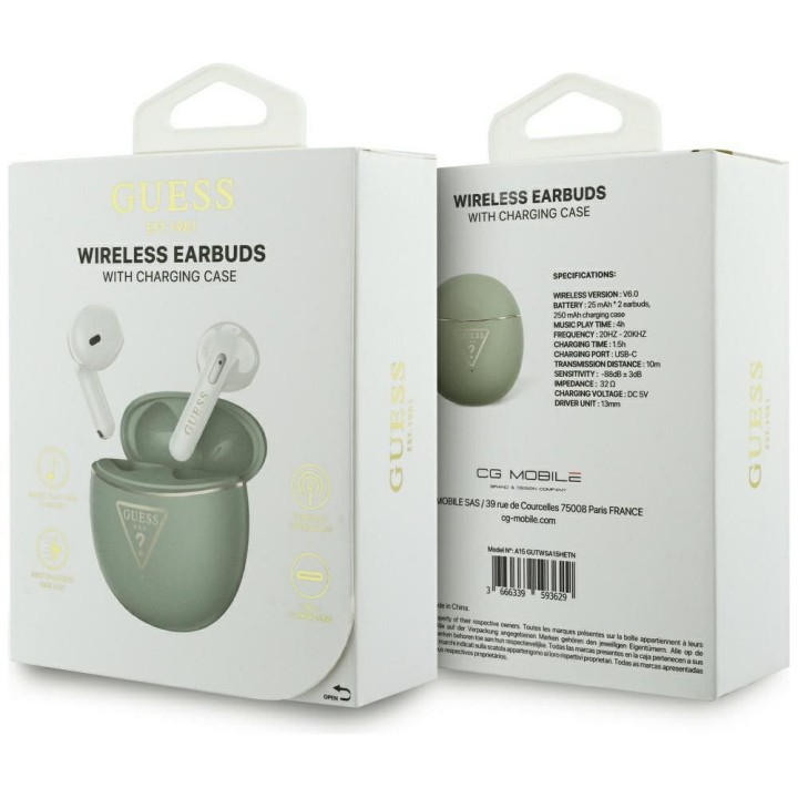 Wireless in-ear headphones Guess TWS GUTWSA15HETN (Small Round Script Print) khaki
