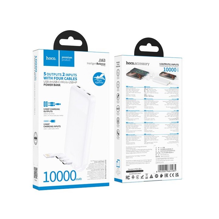 Power bank Hoco 10000 mAh 2A with four built-in cables USB A + USB C+ Lightning + Micro USB J163 white