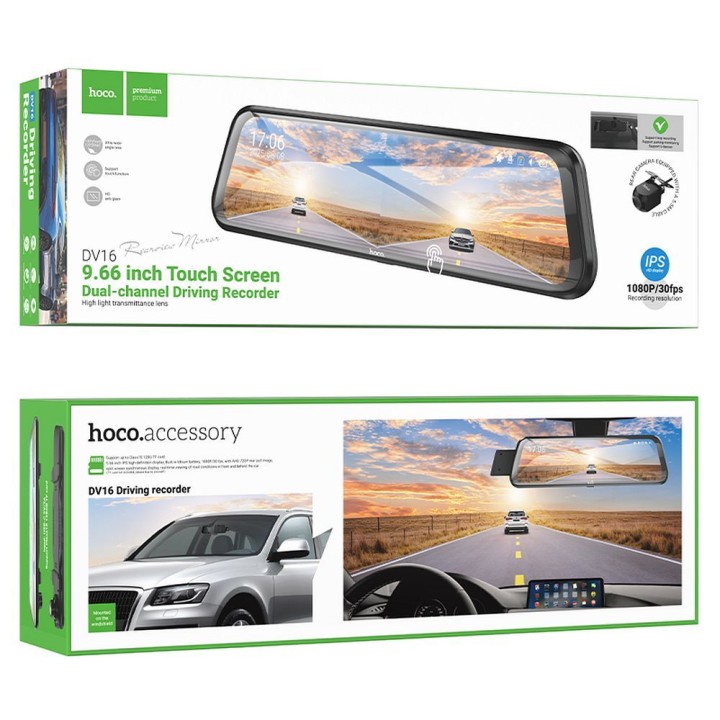 Car camera for rearview mirror with display 9,66" 1080p/30fps + rear camera 720p/30fps Hoco DV16 black
