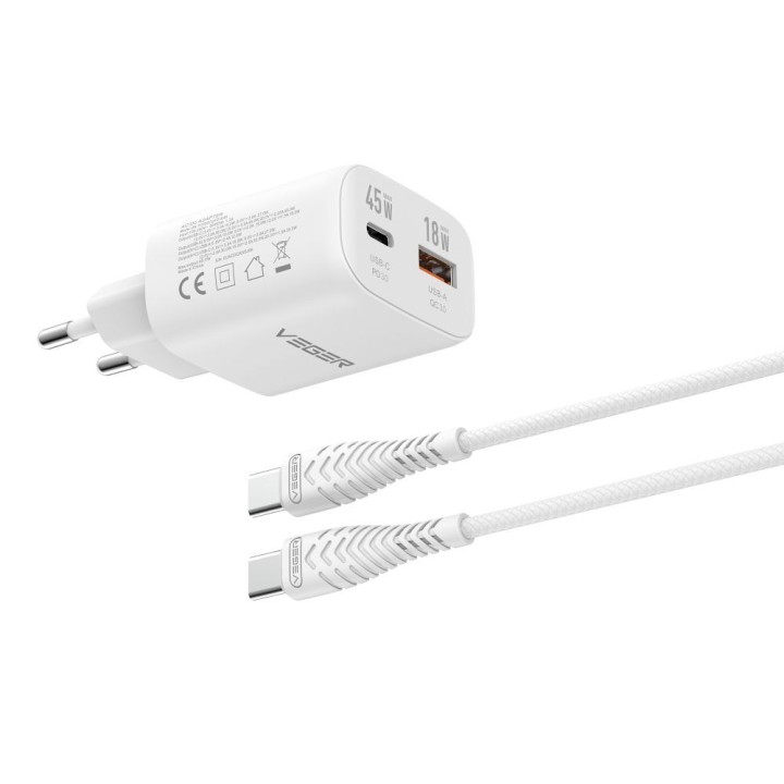 Wall charger for phone VEGER USB A + type C PD Super Charge PPS 45W + cable type C for C 100W TR101 white