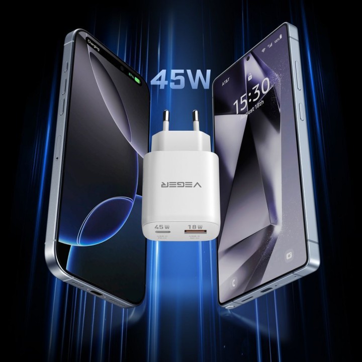Сетевое зарядное устройство для телефона VEGER USB A + тип C PD Super Charge PPS 45W + кабель тип C для C 100W TR101 белое