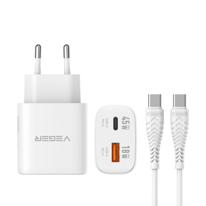 Wall charger for phone VEGER USB A + type C PD Super Charge PPS 45W + cable type C for C 100W TR101 white