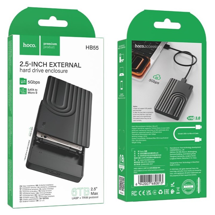 Корпус для дисків HDD і SSD 2,5" SATA USB 3.0 для Micro B Hoco HB55 чорний