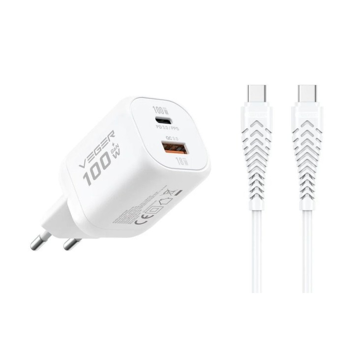 Ładowarka sieciowa do telefonu VEGER USB A + Typ C PD Super Charge PPS 100W + kabel Typ C do C 240W TR150 biała