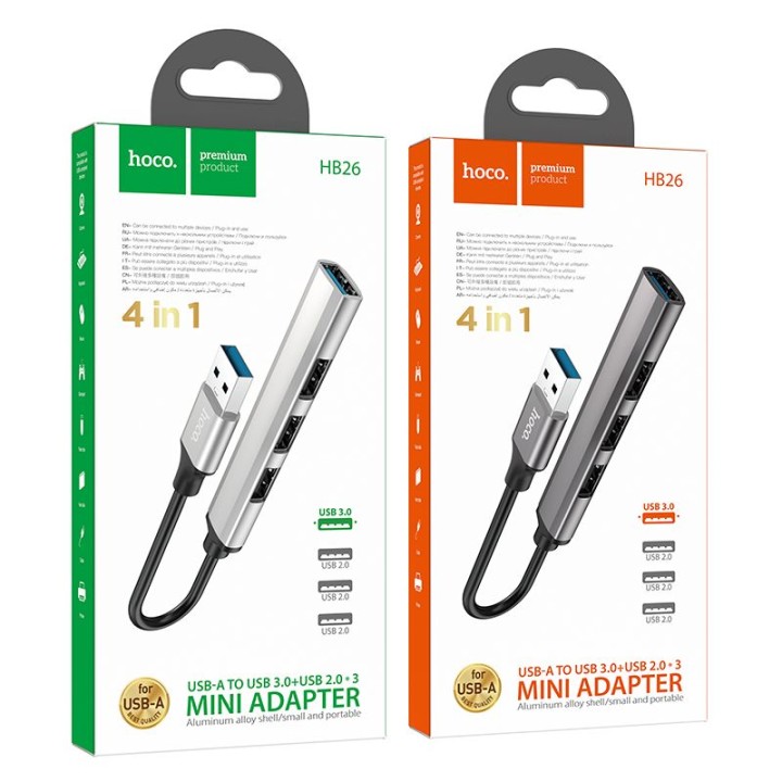 Adapter HUB 4w1 (USB 3.0+USB 2.0 x 3) USB-A Hoco HB26 szary