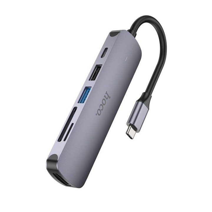 Адаптер HUB 6 в 1 (HDTV+USB 3.0+USB 2.0+SD+TF+PD) USB-C Hoco HB28 черный