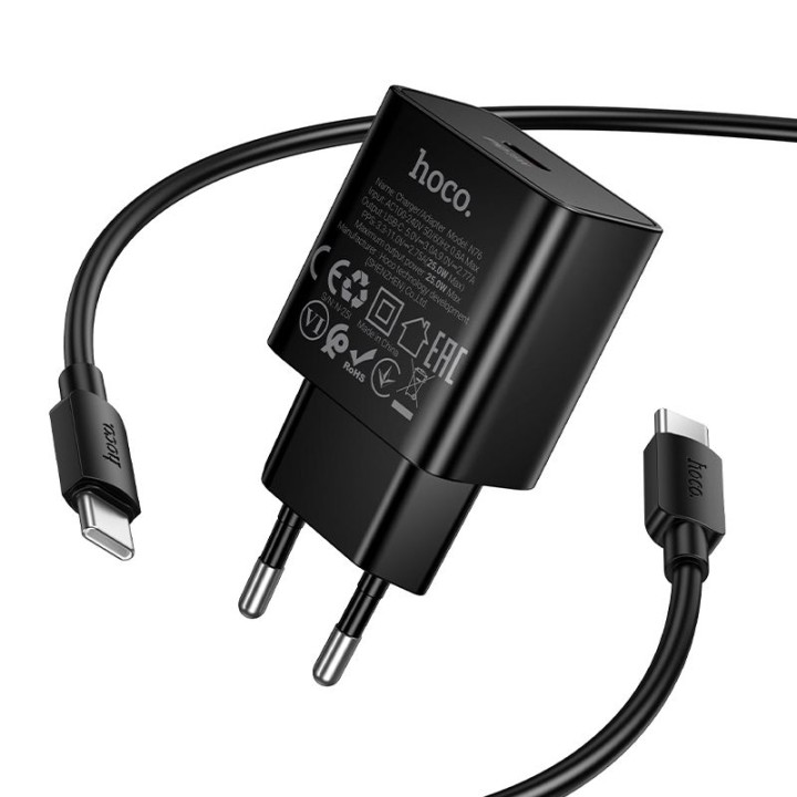 Сетевое зарядное устройство для телефона Hoco USB C QC PD 25W + кабель USB-C – USB-C N76 черное