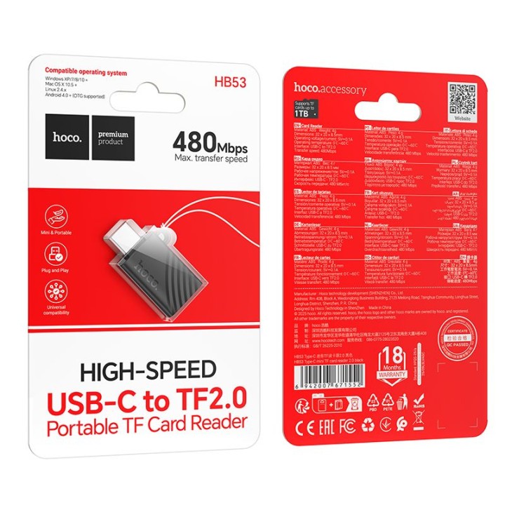 Card reader TF 2.0 USB-C Hoco HB53 black
