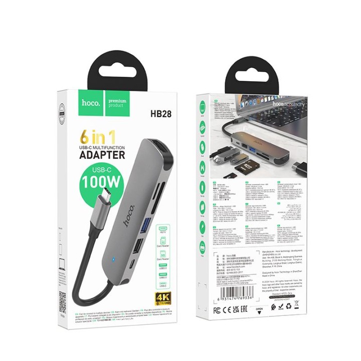 Адаптер HUB 6 в 1 (HDTV+USB 3.0+USB 2.0+SD+TF+PD) USB-C Hoco HB28 черный