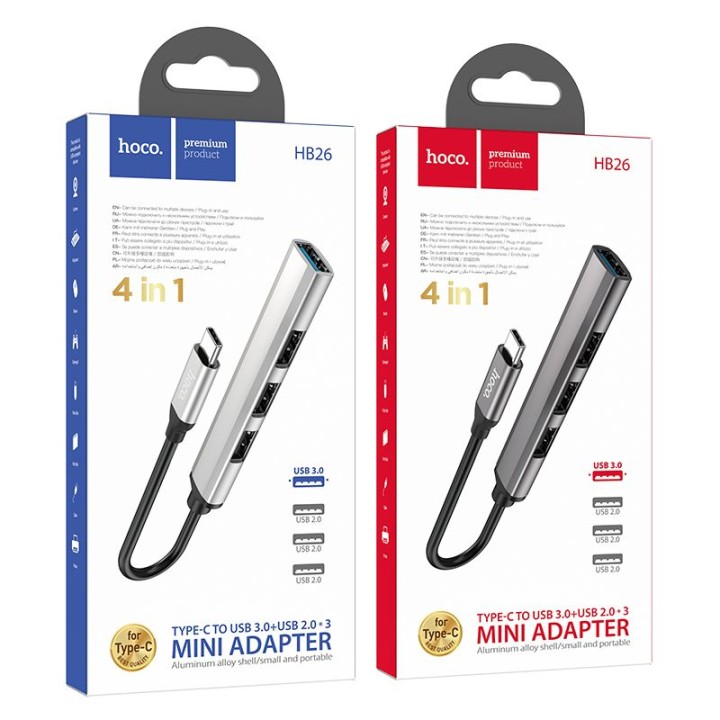 Адаптер HUB 4 в 1 (USB 3.0+USB 2.0 x 3) USB-C Hoco HB26 сірий