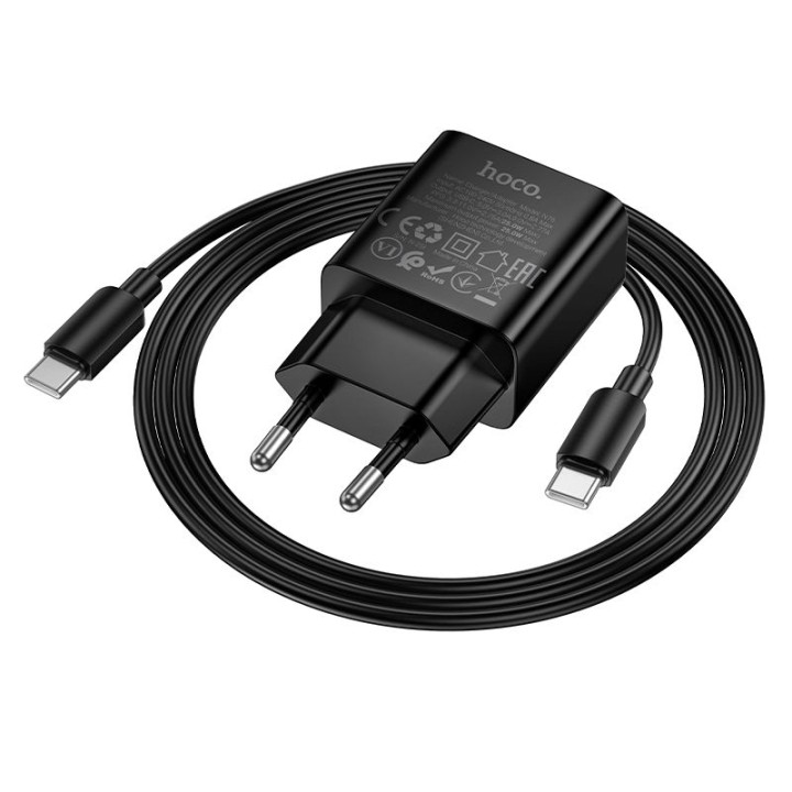 Мережевий зарядний пристрій для телефону Hoco USB C QC PD 25W + кабель USB-C – USB-C N76 чорний