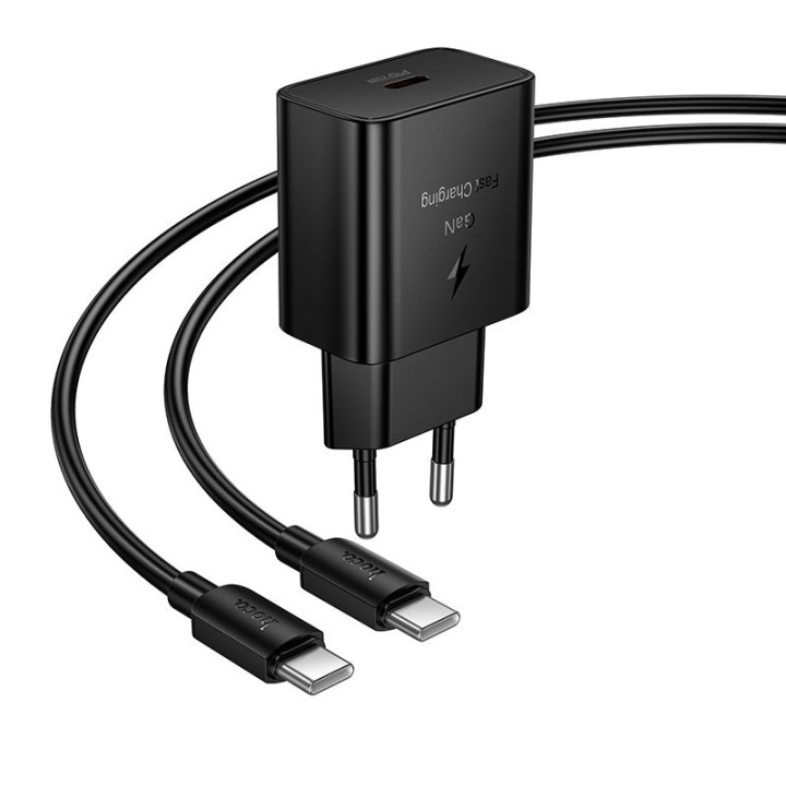 Wall charger for phone Hoco USB C QC PD 25W + USB-C to USB-C cable N76 black
