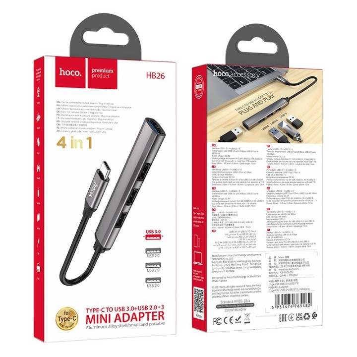 Adapter HUB 4w1 (USB 3.0+USB 2.0 x 3) USB-C Hoco HB26 szary