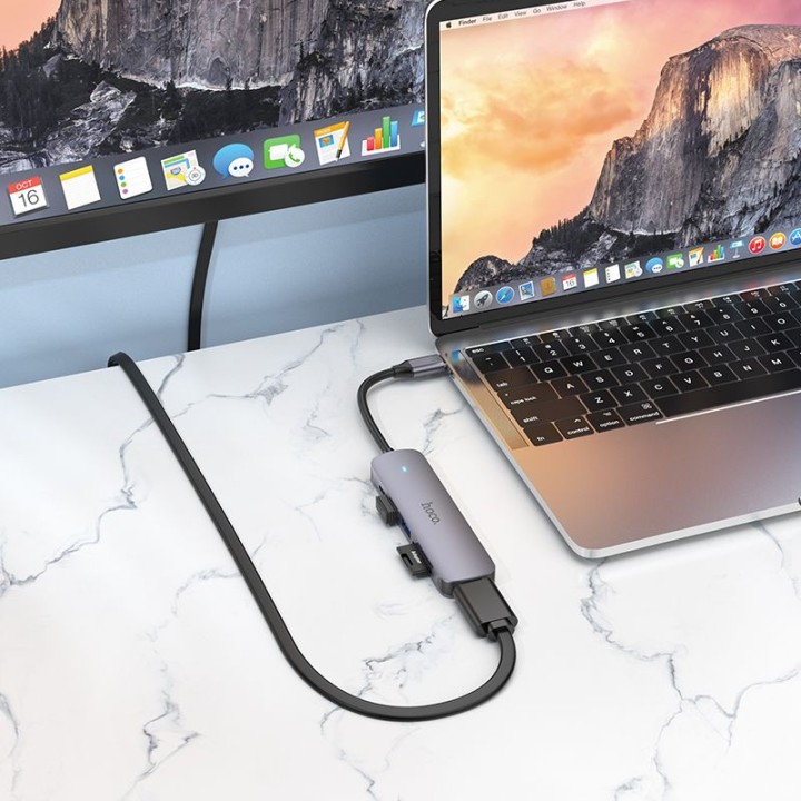 Адаптер HUB 6 в 1 (HDTV+USB 3.0+USB 2.0+SD+TF+PD) USB-C Hoco HB28 чорний