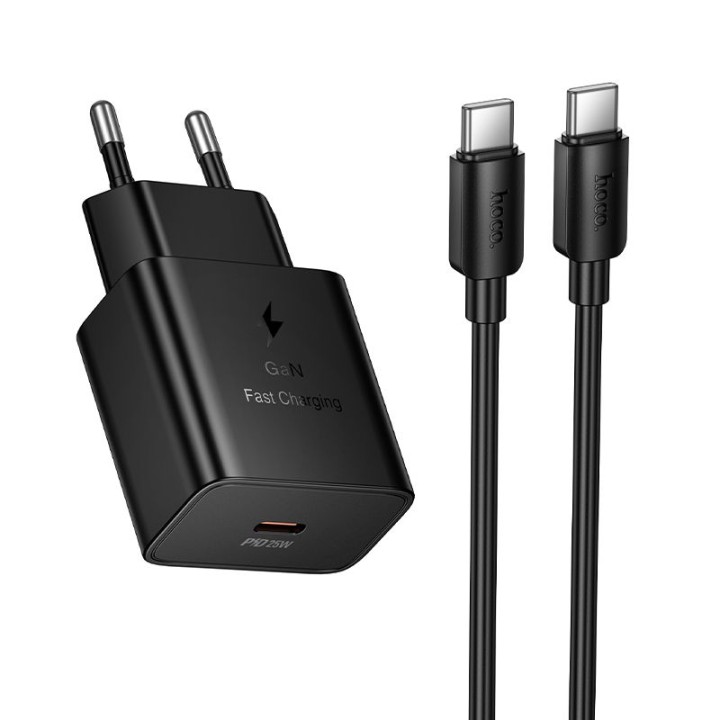 Мережевий зарядний пристрій для телефону Hoco USB C QC PD 25W + кабель USB-C – USB-C N76 чорний