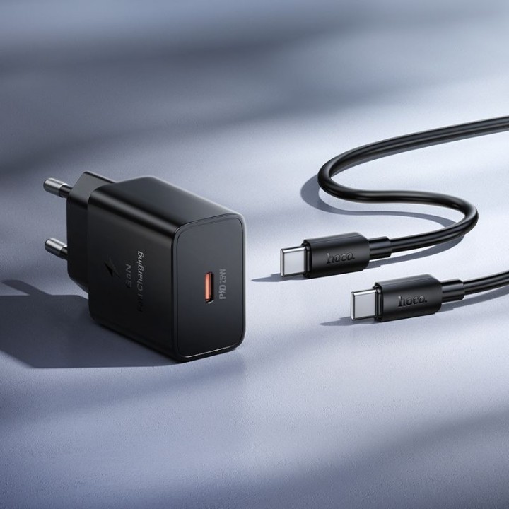 Ładowarka sieciowa do telefonu Hoco USB C QC PD 25W + kabel USB C do USB C N76 czarna