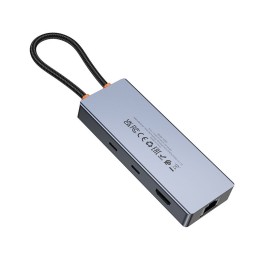 Адаптер HUB 8 в 1 (HDTV+RJ45+SD/TF+PD+Type-C 3.0+USB 3.0 x 2) USB-C Hoco HB52 серый