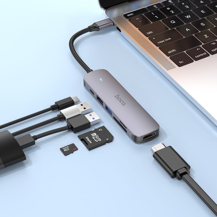 Адаптер HUB 6 в 1 (HDTV+USB 3.0+USB 2.0+SD+TF+PD) USB-C Hoco HB28 черный