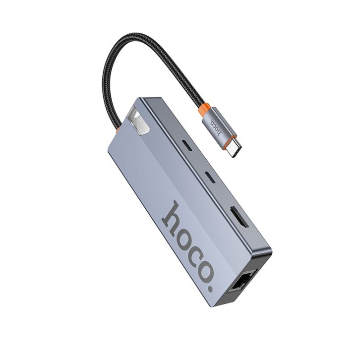 Adapter HUB 8w1 (HDTV+RJ45+SD/TF+PD+Type-C 3.0+USB 3.0 x 2) USB-C Hoco HB52 szary