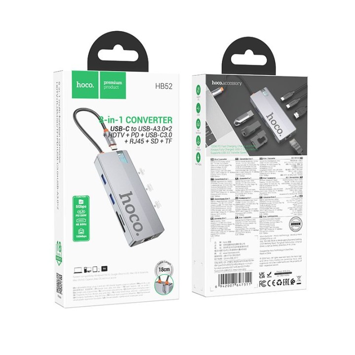 Adapter HUB 8w1 (HDTV+RJ45+SD/TF+PD+Type-C 3.0+USB 3.0 x 2) USB-C Hoco HB52 szary