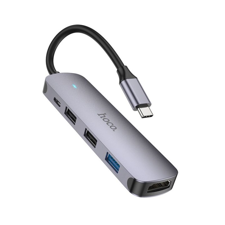 Adapter HUB 5-in-1 (HDTV+USB 3.0+USB 2.0 x 2+PD) USB-C Hoco HB27 grey