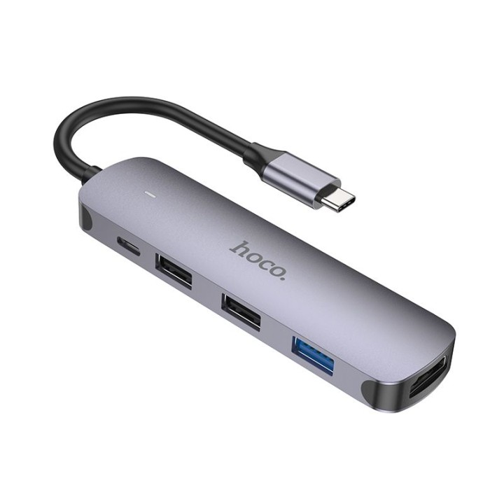 Адаптер HUB 5 в 1 (HDTV+USB 3.0+USB 2.0 x 2+PD) USB-C Hoco HB27 серый