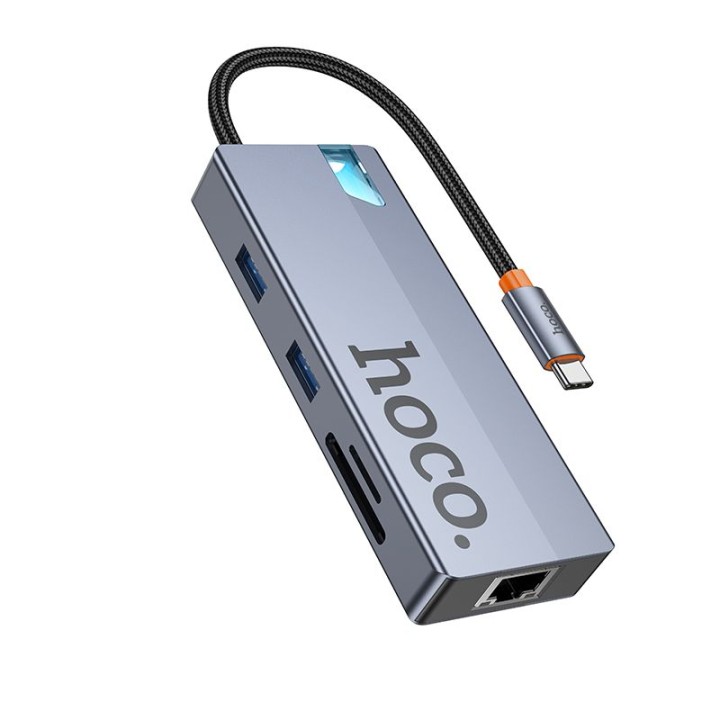 Адаптер HUB 8 в 1 (HDTV+RJ45+SD/TF+PD+Type-C 3.0+USB 3.0 x 2) USB-C Hoco HB52 серый