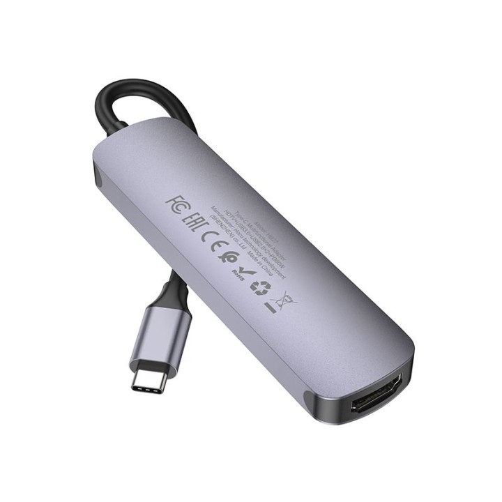 Adapter HUB 5-in-1 (HDTV+USB 3.0+USB 2.0 x 2+PD) USB-C Hoco HB27 grey