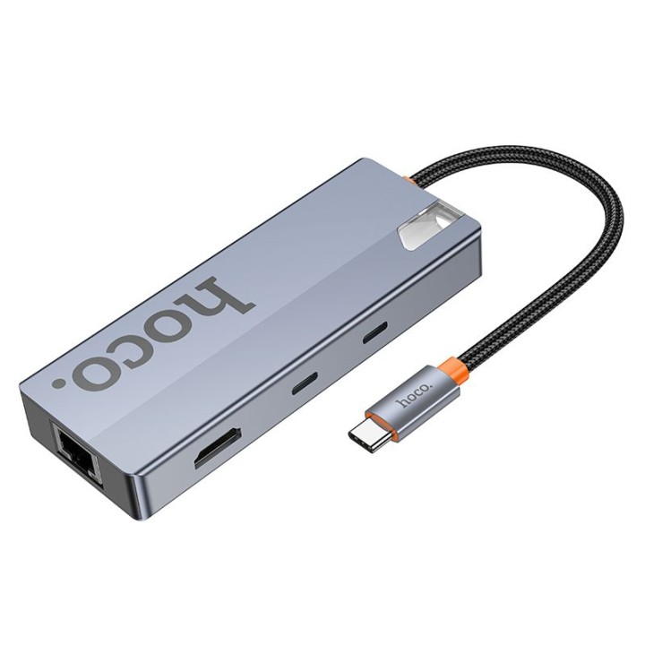 Адаптер HUB 8 в 1 (HDTV+RJ45+SD/TF+PD+Type-C 3.0+USB 3.0 x 2) USB-C Hoco HB52 сірий