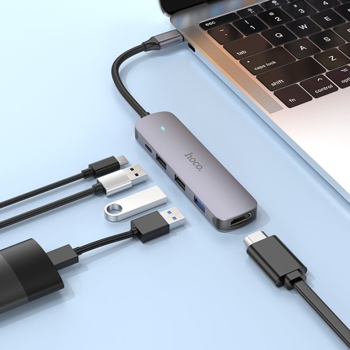 Адаптер HUB 5 в 1 (HDTV+USB 3.0+USB 2.0 x 2+PD) USB-C Hoco HB27 серый