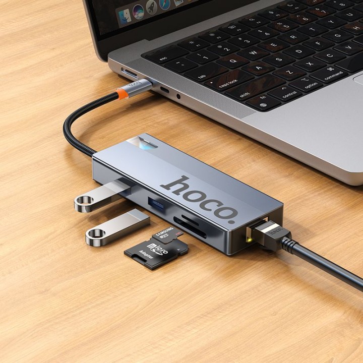 Адаптер HUB 8 в 1 (HDTV+RJ45+SD/TF+PD+Type-C 3.0+USB 3.0 x 2) USB-C Hoco HB52 серый