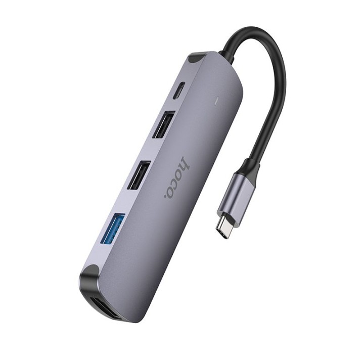 Адаптер HUB 5 в 1 (HDTV+USB 3.0+USB 2.0 x 2+PD) USB-C Hoco HB27 серый