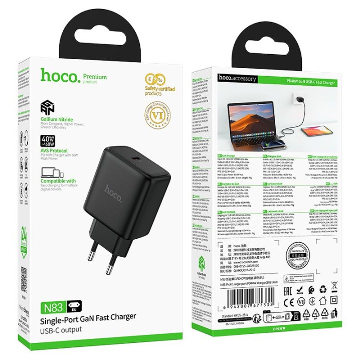 Мережевий зарядний пристрій GaN для телефону Hoco USB C PD AVS 40W max 60W N83 чорний