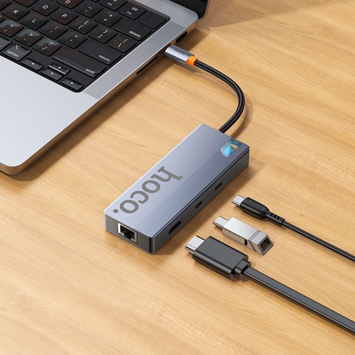 Адаптер HUB 8 в 1 (HDTV+RJ45+SD/TF+PD+Type-C 3.0+USB 3.0 x 2) USB-C Hoco HB52 серый