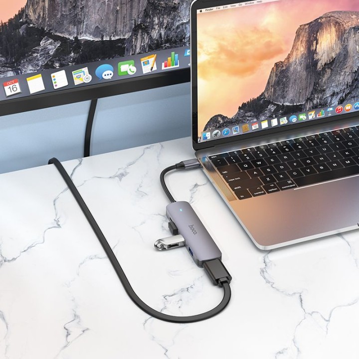 Адаптер HUB 5 в 1 (HDTV+USB 3.0+USB 2.0 x 2+PD) USB-C Hoco HB27 серый