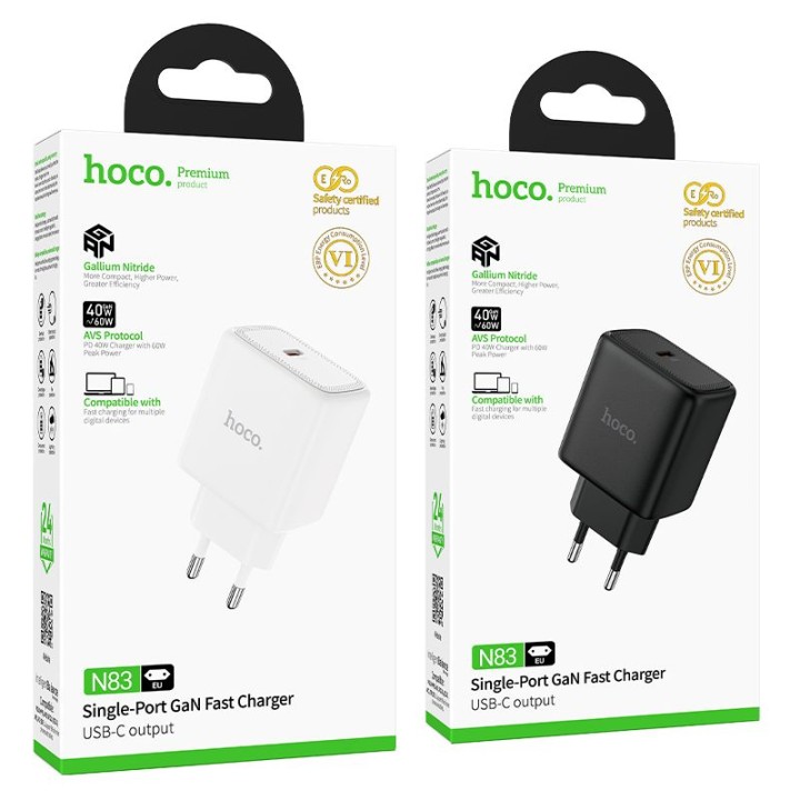 Wall charger GaN for phone Hoco USB C PD AVS 40W max 60W N83 black