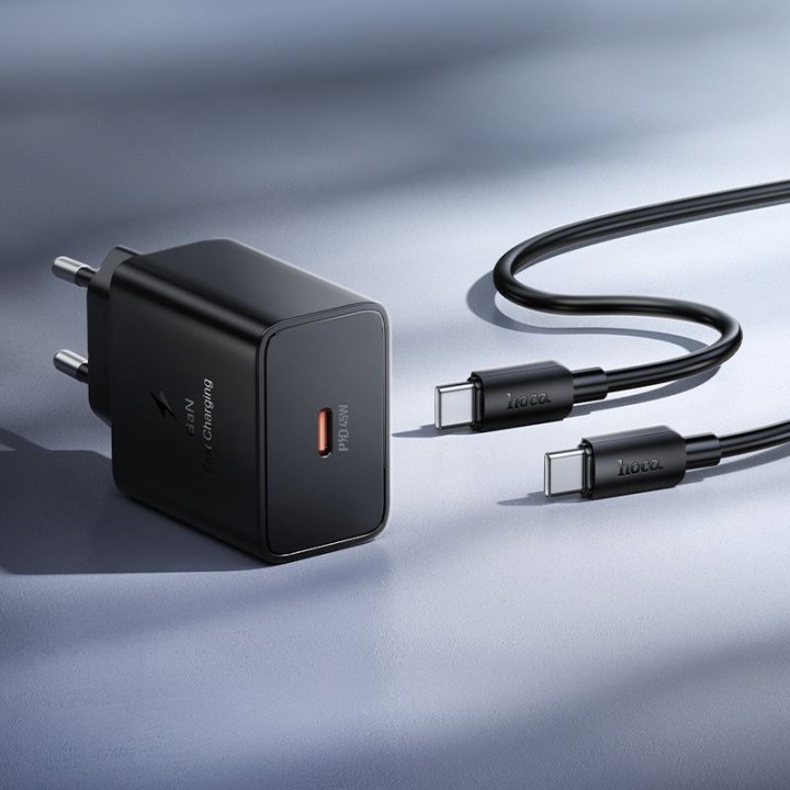 Wall charger for phone Hoco USB C QC PD 45W + USB-C to USB-C cable N77 black