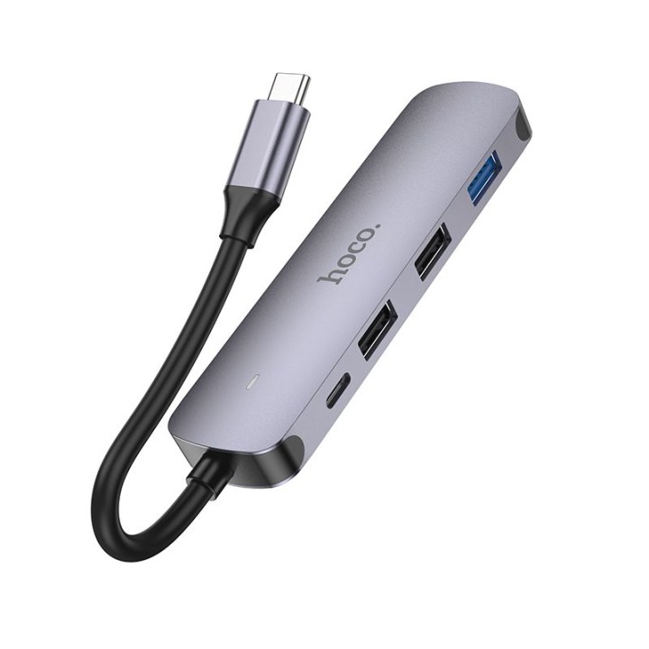 Адаптер HUB 5 в 1 (HDTV+USB 3.0+USB 2.0 x 2+PD) USB-C Hoco HB27 серый