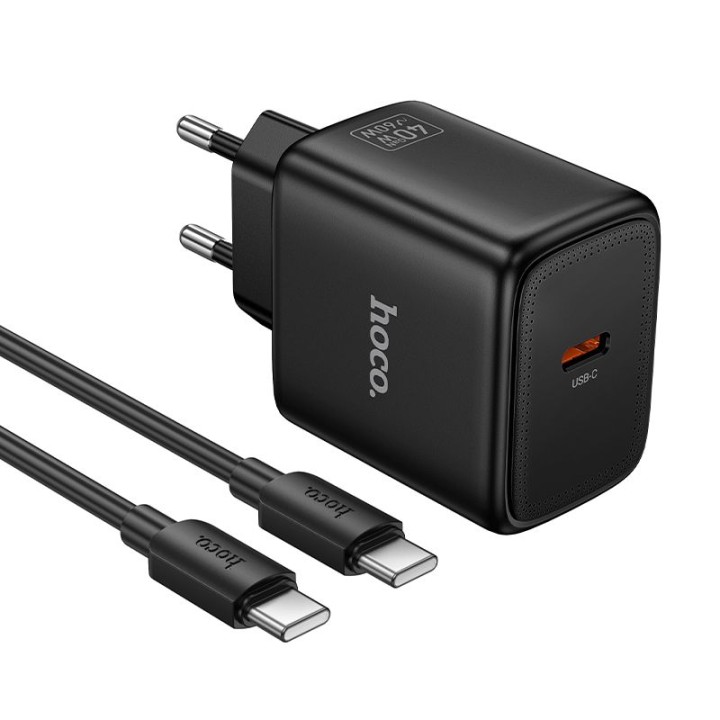 Wall charger GaN for phone Hoco USB C PD AVS 40W max 60W + USB-C to USB-C cable N83 black