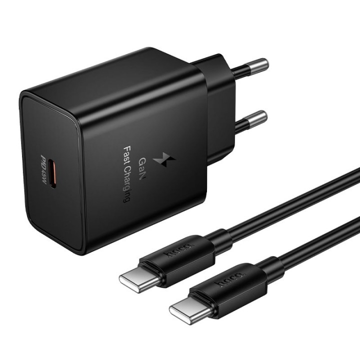 Сетевое зарядное устройство для телефона Hoco USB C QC PD 45W + кабель USB-C – USB-C N77 черное