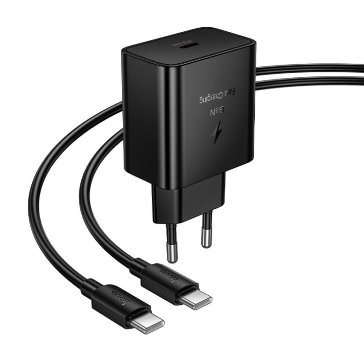 Мережевий зарядний пристрій для телефону Hoco USB C QC PD 45W + кабель USB-C – USB-C N77 чорний
